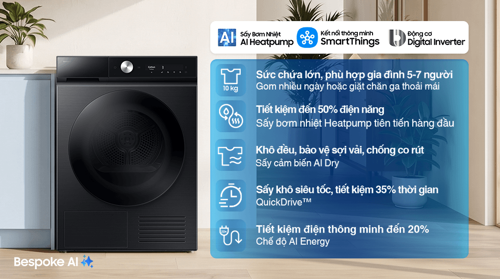 Máy sấy quần áo bơm nhiệt Samsung 10 kg DV10BB9440GBSV – tính năng 1