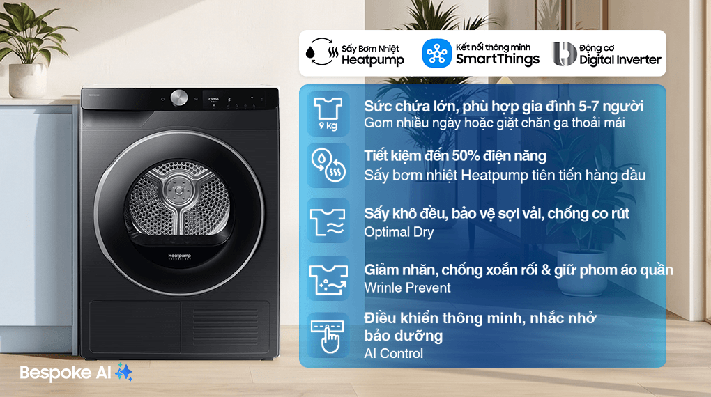 Máy sấy quần áo bơm nhiệt Samsung 9 kg DV90T6240LB/SV – tính năng 1
